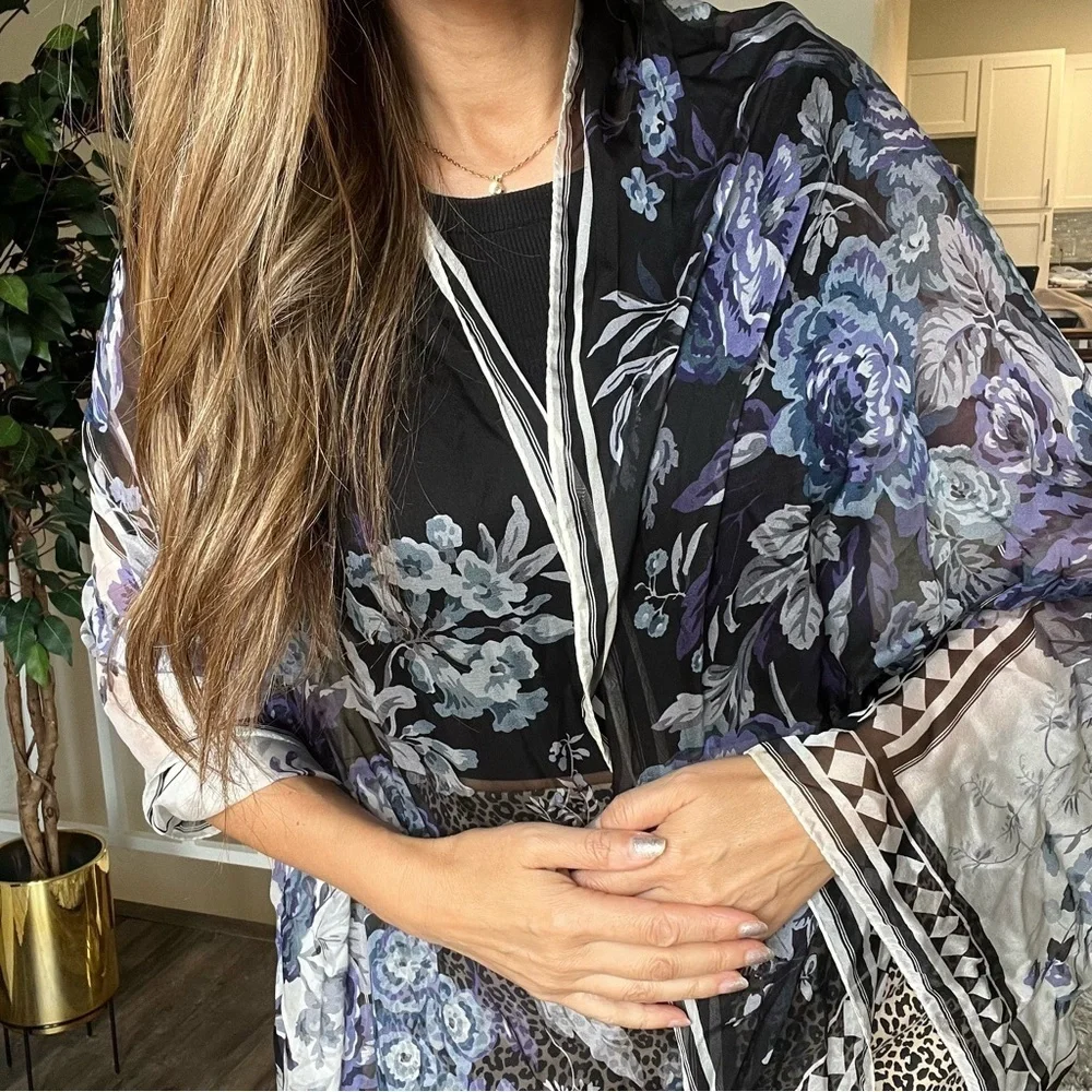Emanuel Ungaro Vtg Silk Floral Multipurpose Oversized Scarf Wrap Cover Blue Y2K
